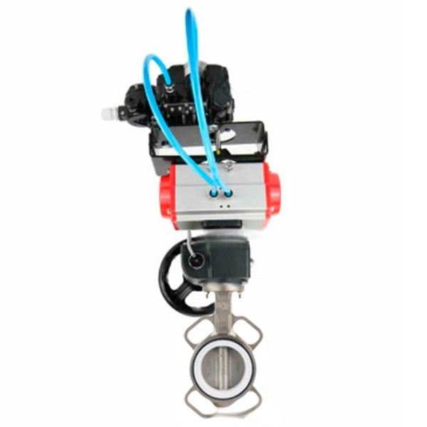Vanne papillon d'eau Elephant WBV3131P-2W-Fb-H, matériau du corps - Acier inoxydable AISI 304, matériau du disque - Acier inoxydable AISI 304, joint - PTFE, actionneur pneumatique PA-DA double action, positionneur YT-1000RSN sans rétroaction, volant MON