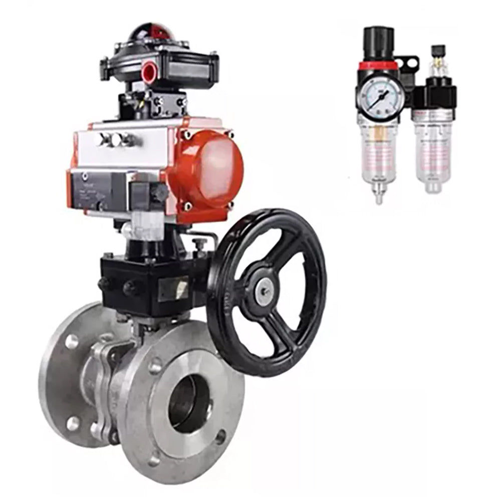 Ball valves Elephant BV3232P(2pc)-FP-F-ISO-H,  body material - Stainless steel AISI 316, seal - PTFE / PTFE / Teflon, with pneumatic actuator double action PA-DA, 4V320-10 220V, LSU APL-210N, handwheel MON, ATU AFC2000