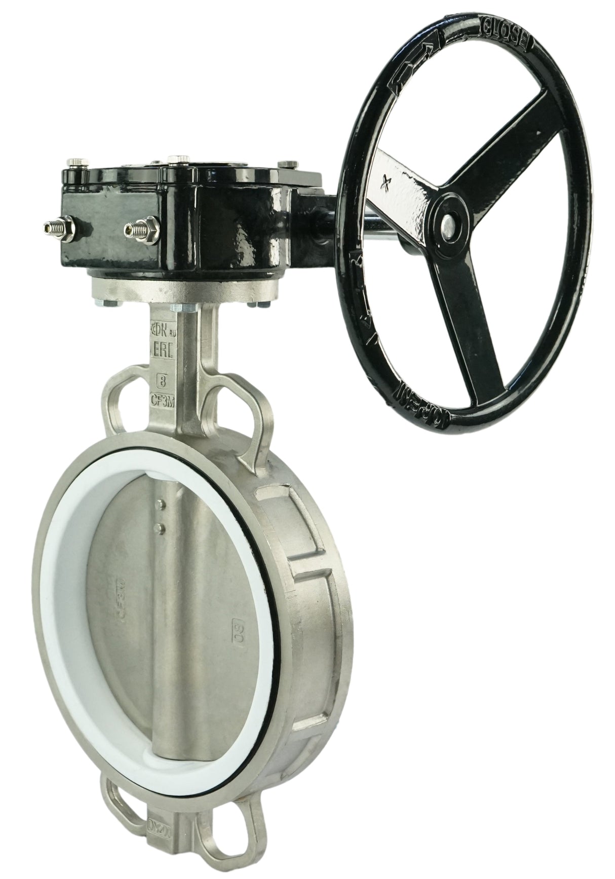 Vanne papillon d'eau Elephant WBV3131P-2W-Fb-H, matériau du corps - Acier inoxydable AISI 304, matériau du disque - Acier inoxydable AISI 304, joint - PTFE, réducteur avec RDN RQN