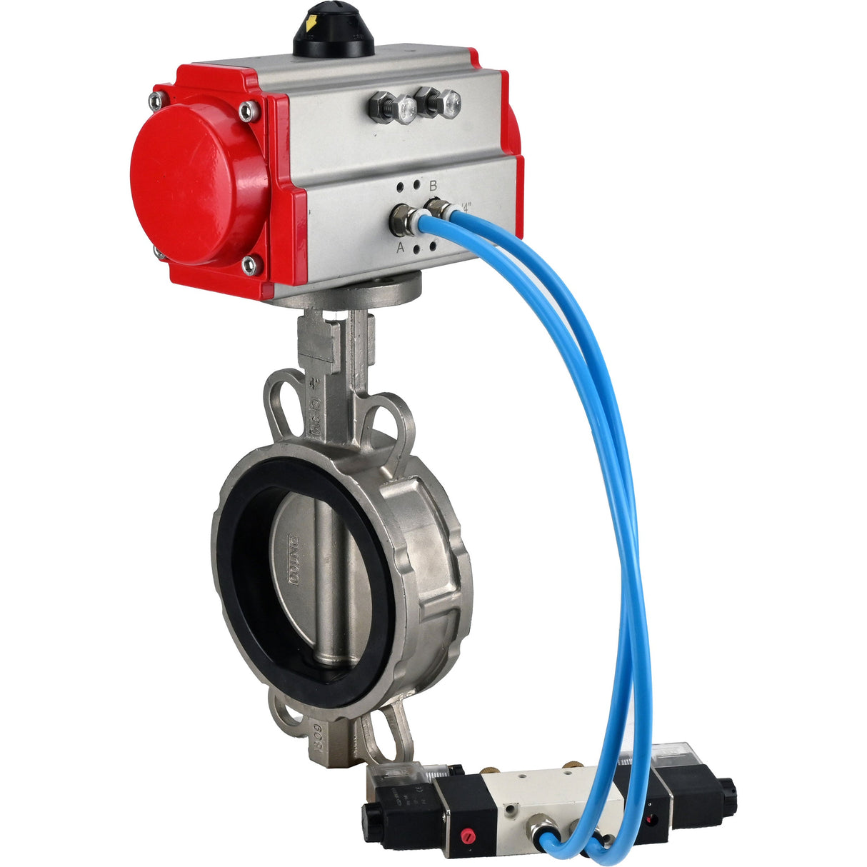 Vanne papillon d'eau Elephant WBV3232V-2W-Fb-H, matériau du corps - acier inoxydable AISI 316L, matériau du disque - acier inoxydable AISI 316L, joint - Viton, avec actionneur pneumatique avec ressorts de rappel PA-SA, 4V320-10 220V