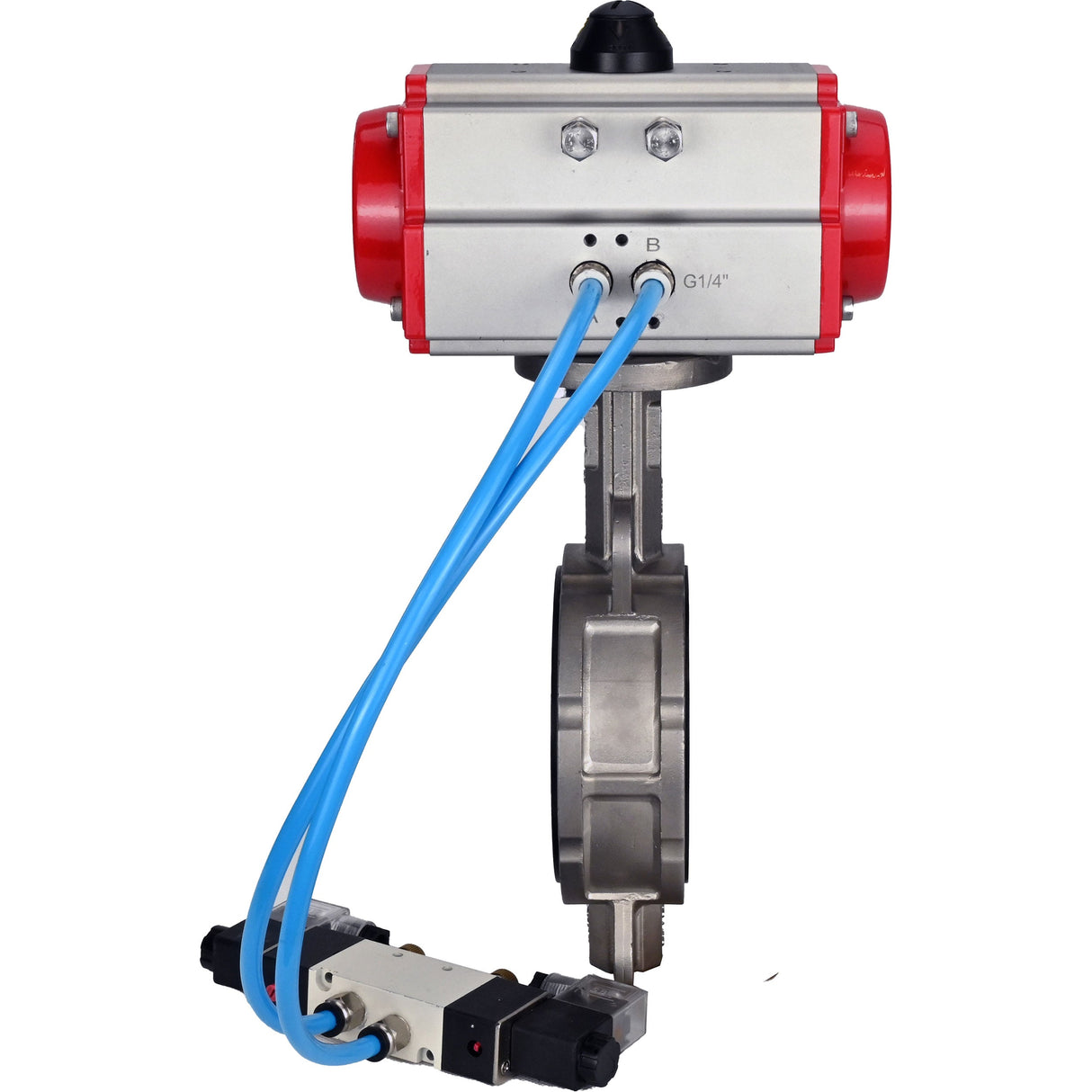 Vanne papillon d'eau Elephant WBV3232V-2W-Fb-H, matériau du corps - acier inoxydable AISI 316L, matériau du disque - acier inoxydable AISI 316L, joint - Viton, avec actionneur pneumatique avec ressorts de rappel PA-SA, 4V320-10 220V