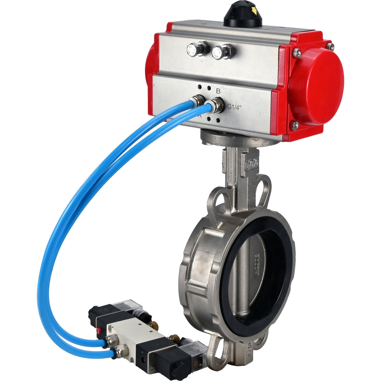 Vanne papillon d'eau Elephant WBV3232V-2W-Fb-H, matériau du corps - acier inoxydable AISI 316L, matériau du disque - acier inoxydable AISI 316L, joint - Viton, avec actionneur pneumatique avec ressorts de rappel PA-SA, 4V320-10 220V