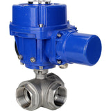 Válvula de bola de acero inoxidable Elephant RP.SS316.200.MM.ISO 914 PSI roscada, puerto estándar, tres vías, tipo L, material del cuerpo - acero inoxidable AISI 316, con actuador eléctrico de cuarto de vuelta Elephant QT-W (M) 380V