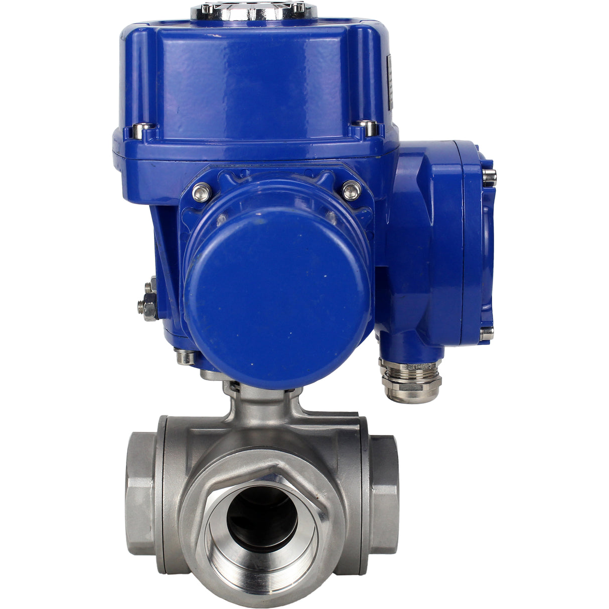 Válvula de bola de acero inoxidable Elephant RP.SS316.200.MM.ISO 914 PSI roscada, puerto estándar, tres vías, tipo L, material del cuerpo - acero inoxidable AISI 316, con actuador eléctrico de cuarto de vuelta Elephant QT-W (M) 380V