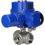 Válvula de bola de acero inoxidable Elephant RP.SS316.200.MM.ISO 914 PSI roscada, puerto estándar, tres vías, tipo L, material del cuerpo - acero inoxidable AISI 316, con actuador eléctrico de cuarto de vuelta Elephant QT-W (M) 380V