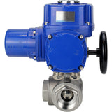 Válvula de bola de acero inoxidable Elephant RP.SS316.200.MM.ISO 914 PSI roscada, puerto estándar, tres vías, tipo L, material del cuerpo - acero inoxidable AISI 316, con actuador eléctrico de cuarto de vuelta Elephant QT-W (M) 380V