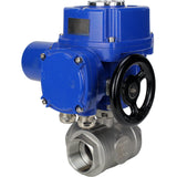 Válvula de bola de acero inoxidable Elephant RP.SS316.200.MM.ISO 914 PSI roscada, puerto estándar, tres vías, tipo L, material del cuerpo - acero inoxidable AISI 316, con actuador eléctrico de cuarto de vuelta Elephant QT-W (M) 380V