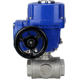 Válvula de bola de acero inoxidable Elephant RP.SS316.200.MM.ISO 914 PSI roscada, puerto estándar, tres vías, tipo L, material del cuerpo - acero inoxidable AISI 316, con actuador eléctrico de cuarto de vuelta Elephant QT-W (M) 380V