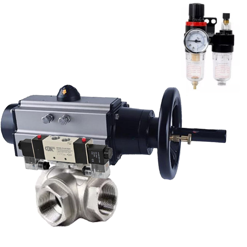 Ball valves Elephant BV3232P(4pc)-SP-3WL-T-ISO-H,  body material - Stainless steel AISI 316, seal - PTFE / PTFE / Teflon, with pneumatic actuator double action PA-DA-105-1, 4V320-10 220VATU AFC2000