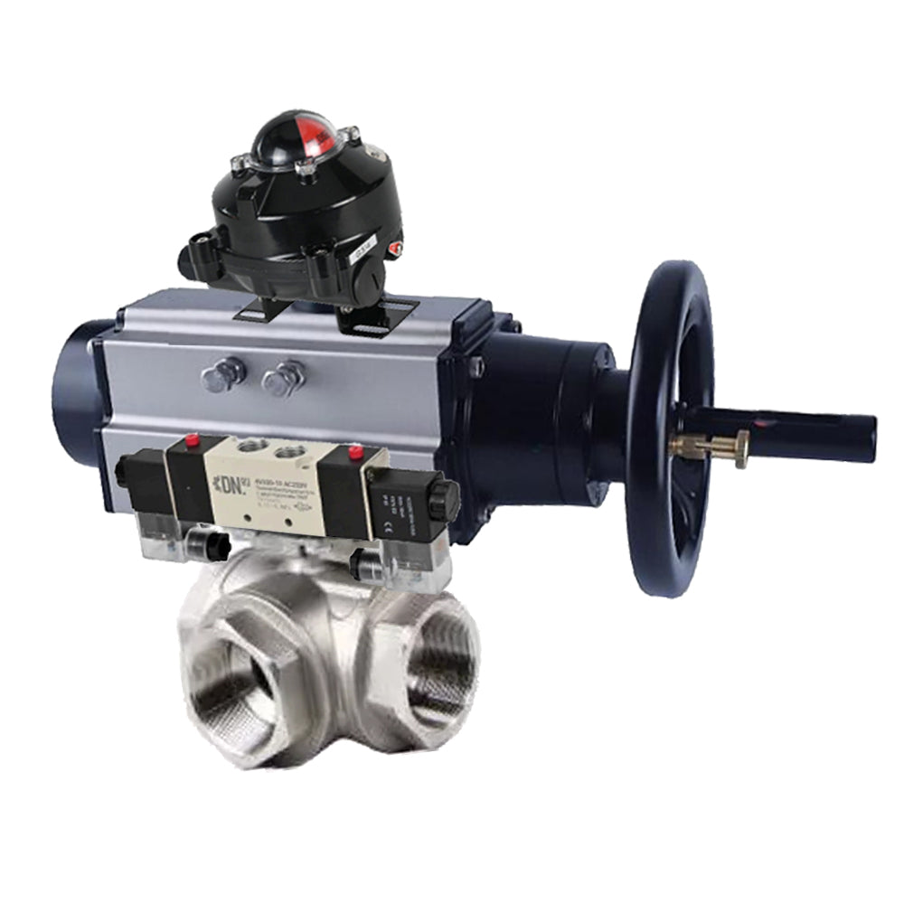 Ball valves Elephant BV3232P(4pc)-SP-3WL-T-ISO-H,  body material - Stainless steel AISI 316, seal - PTFE / PTFE / Teflon, with pneumatic actuator double action PA-DA-105-1, 4V320-10 220V, LSU APL-210N