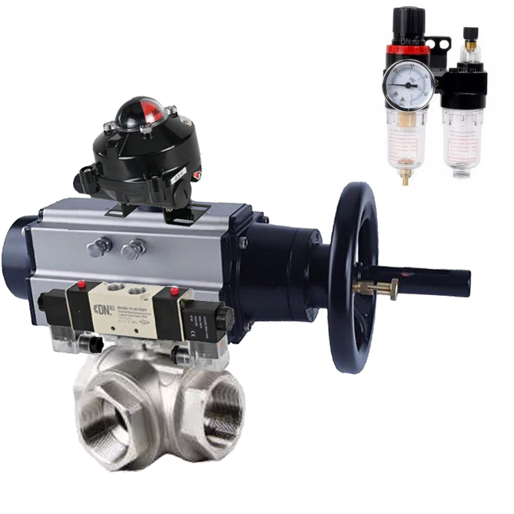 Ball valves Elephant BV3232P(4pc)-SP-3WL-T-ISO-H,  body material - Stainless steel AISI 316, seal - PTFE / PTFE / Teflon, with pneumatic actuator double action PA-DA-105-1, 4V320-08 220V, LSU APL-510N Ex, ATU AFC2000