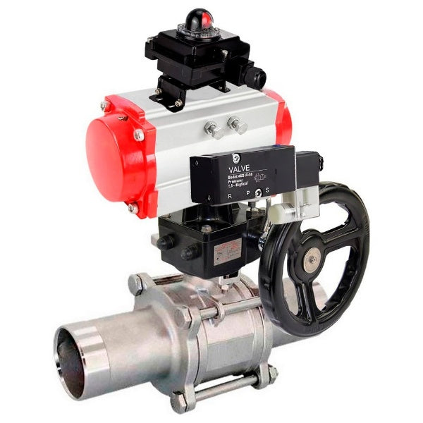 Ball valves Elephant BV3232P(3pc)-FP-W-ISO-H LONG,  body material - Stainless steel AISI 316, seal - PTFE / PTFE / Teflon, with pneumatic actuator double action PA-DA, 4V320-10 220V, LSU APL-510N Ex, handwheel MON