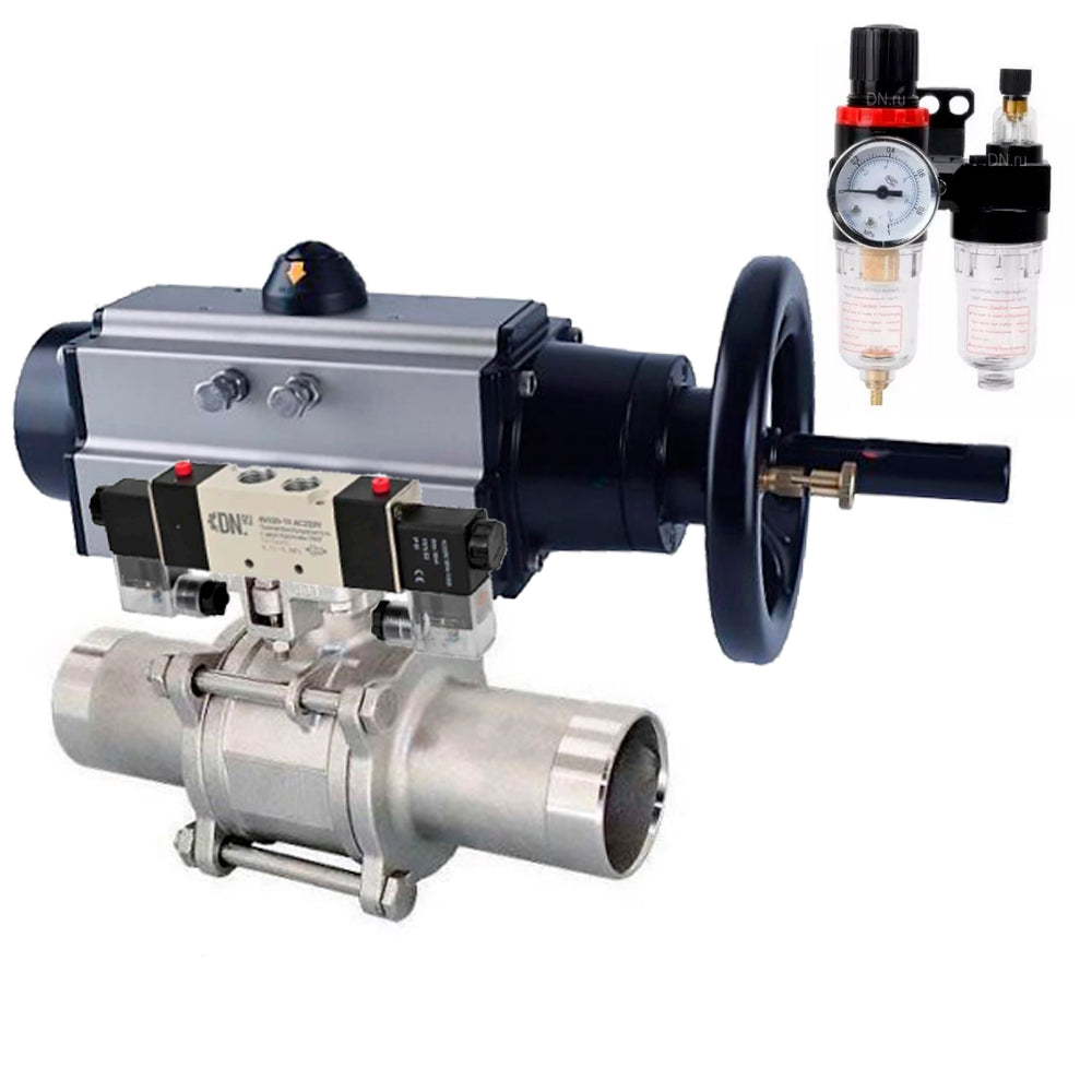 Ball valves Elephant BV3232P(3pc)-FP-W-ISO-H LONG,  body material - Stainless steel AISI 316, seal - PTFE / PTFE / Teflon, with pneumatic actuator double action PA-DA-105-1, 4V320-08 220V, ATU AFC2000