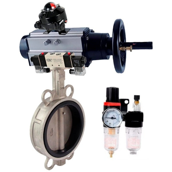 Butterfly valve Elephant WBV3232E-2W-Fb-H, body material - stainless steel AISI 316L, disk material - stainless steel AISI 316L, seal - EPDM, with pneumatic actuator double action PA-DA-105-1, 4V320-10 220V, LSU APL-410N Ex, ATU AFC2000