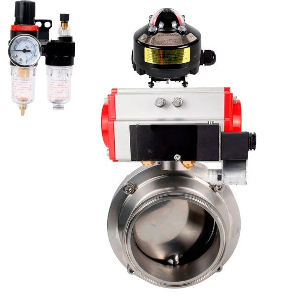 Water Butterfly valves Elephant WBV3131E-2W-W-H, body material - stainless steel AISI 304, seal - EPDM, with pneumatic actuator PA-DA-052 double action, 4M310-08 24V, LSU APL-510N EX, ATU AFC2000