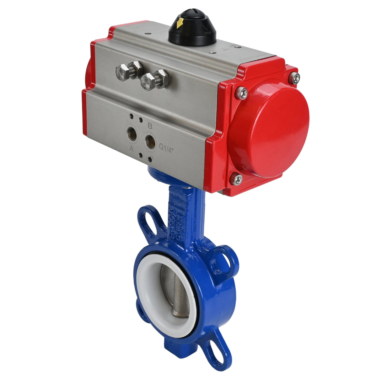 Válvula de mariposa de agua Elephant st-316l-ptfe-elephant-sa, material del cuerpo - acero al carbono WCB, material del disco - acero inoxidable AISI 316L, sello - PTFE, actuador neumático operado