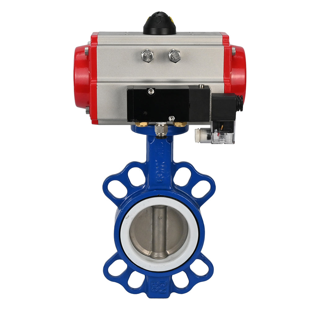 Válvula de mariposa de agua Elephant st-316l-ptfe-sa-4m310-110/220, material del cuerpo - acero al carbono WCB, material del disco - acero inoxidable AISI 316L, sello - PTFE, actuador neumático operado