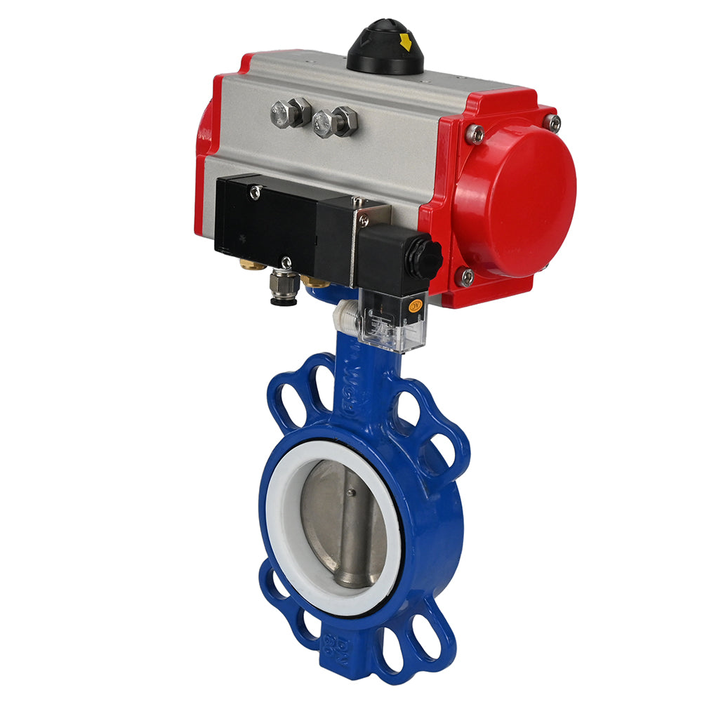 Válvula de mariposa de agua Elephant st-316l-ptfe-da-4m310-24v, material del cuerpo - acero al carbono WCB, material del disco - acero inoxidable AISI 316L, sello - PTFE, actuador neumático operado