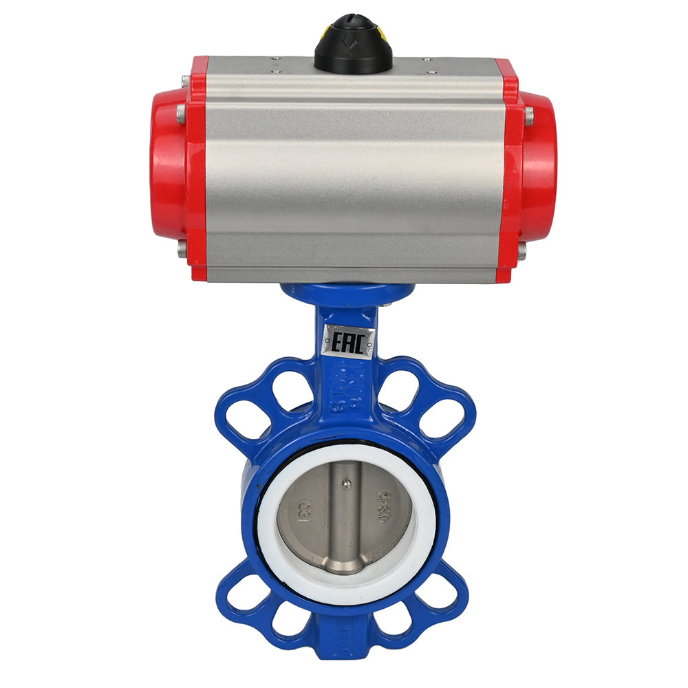 Válvula de mariposa de agua Elephant st-316l-ptfe-sa-4m310-110/220, material del cuerpo - acero al carbono WCB, material del disco - acero inoxidable AISI 316L, sello - PTFE, actuador neumático operado