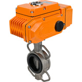 Válvula Mariposa de Agua Elefante 316L-316L-EPDM material cuerpo - acero inoxidable aisi 316l, material disco - acero inoxidable aisi 316l, sello - EPDM con actuador eléctrico Elefante 220V, sensor de retroalimentación y señal de control de entrada 0-10V