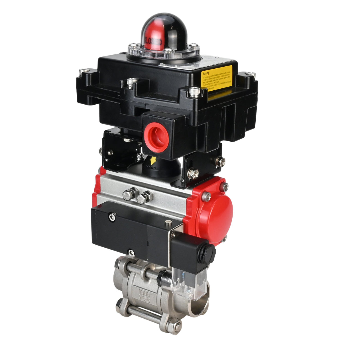 Stainless steel ball valve Elephant BVPP 316.200-ISO PSI914 SS316 full port, for welding, body material - stainless steel, pneumatic actuator Elephant SA, pneumatic distributor 4M310-08 220 V, limit switch block APL-410N EX