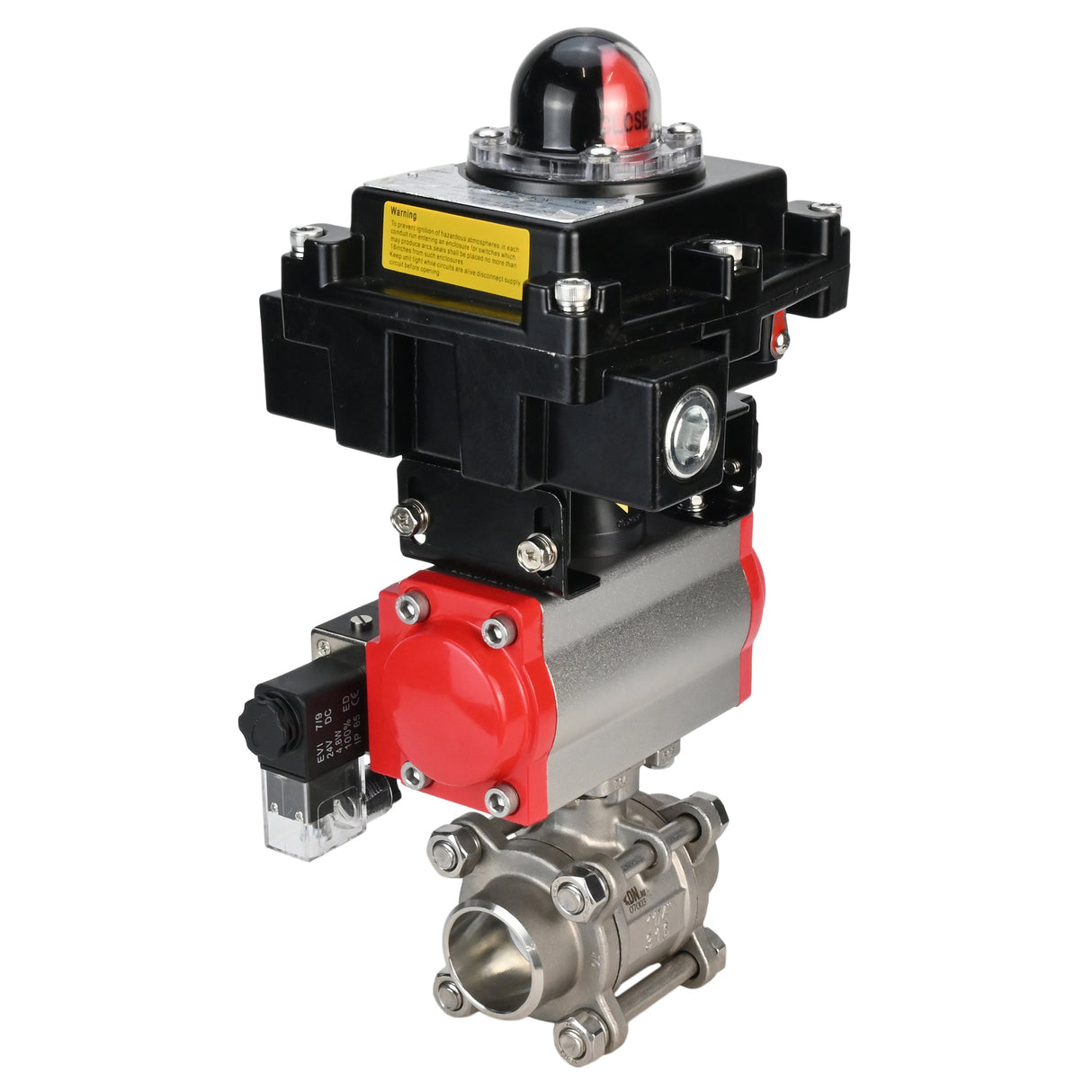 Stainless steel ball valve Elephant BVPP 316.200-ISO PSI914 SS316 full port, for welding, body material - stainless steel, pneumatic actuator Elephant SA, pneumatic distributor 4M310-08 220 V, limit switch block APL-410N EX