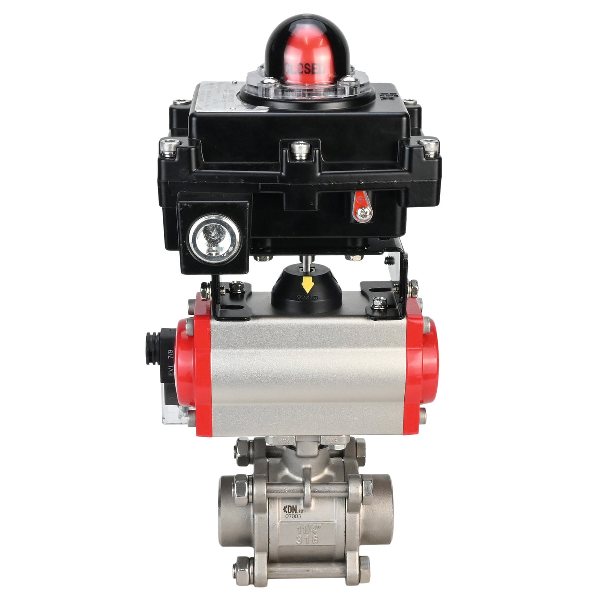 Stainless steel ball valve Elephant BVPP 316.200-ISO PSI914 SS316 full port, for welding, body material - stainless steel, pneumatic actuator Elephant SA, pneumatic distributor 4M310-08 220 V, limit switch block APL-410N EX