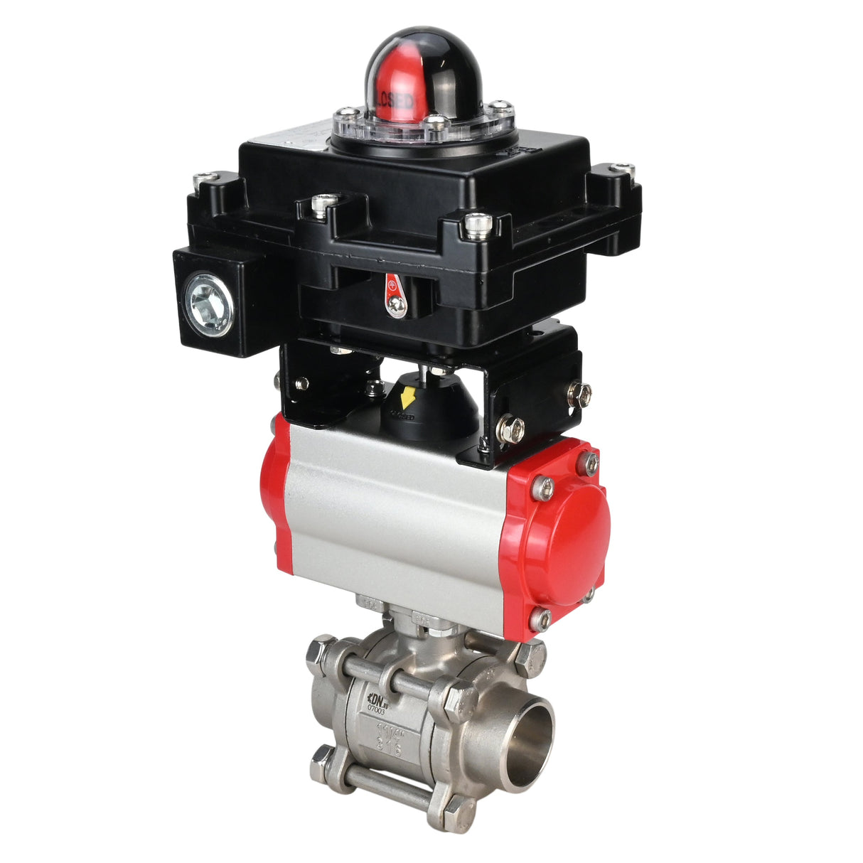 Stainless steel ball valve Elephant BVPP 316.200-ISO PSI914 SS316 full port, for welding, body material - stainless steel, pneumatic actuator Elephant SA, pneumatic distributor 4M310-08 220 V, limit switch block APL-410N EX