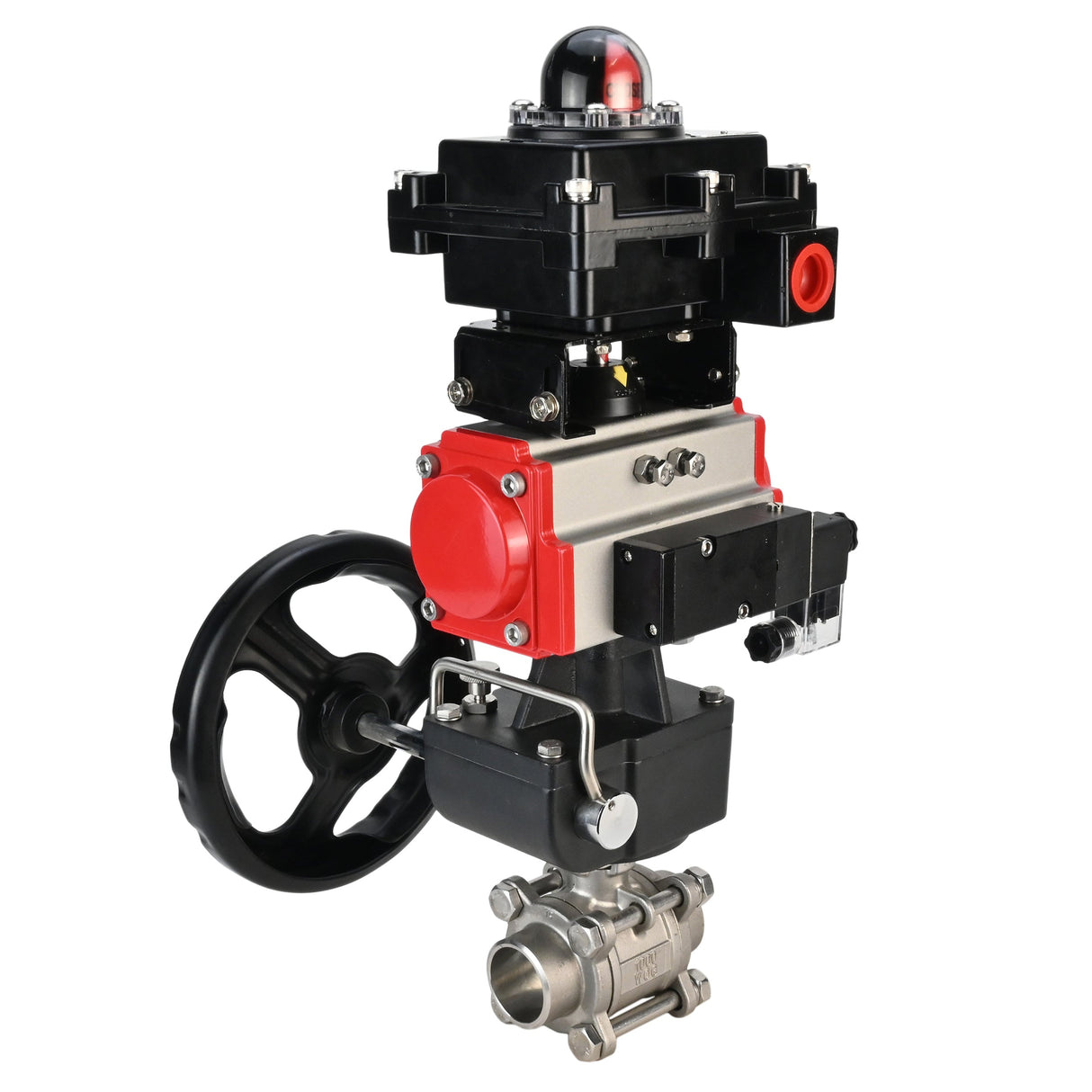 Stainless steel ball valve Elephant BVPP 316.200-ISO 63 bar SS316 full port, for welding, body material - stainless steel, pneumatic actuator Elephant DA, pneumatic distributor 4M310-08 220 V, limit switch block APL-410N EX, manual override HDM