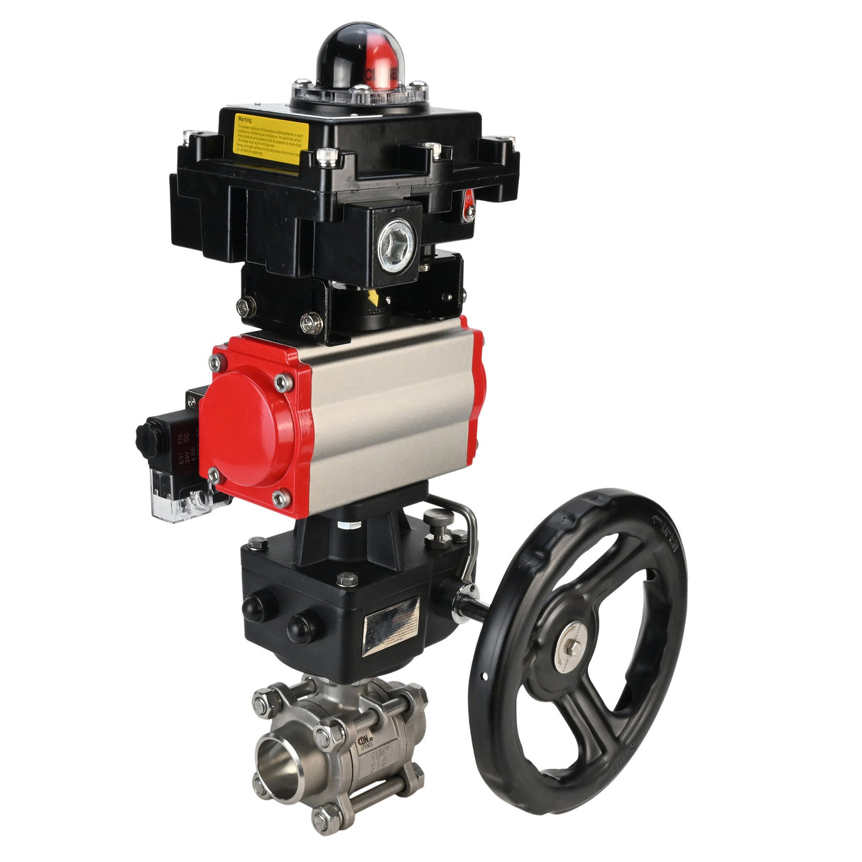 Stainless steel ball valve Elephant BVPP 316.200-ISO 63 bar SS316 full port, for welding, body material - stainless steel, pneumatic actuator Elephant DA, pneumatic distributor 4M310-08 220 V, limit switch block APL-410N EX, manual override HDM