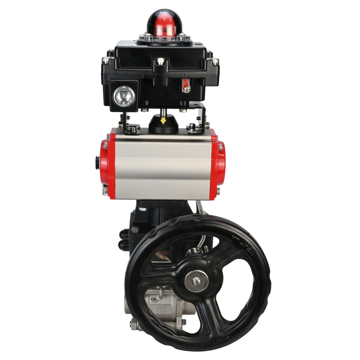Stainless steel ball valve Elephant BVPP 316.200-ISO 63 bar SS316 full port, for welding, body material - stainless steel, pneumatic actuator Elephant DA, pneumatic distributor 4M310-08 220 V, limit switch block APL-410N EX, manual override HDM