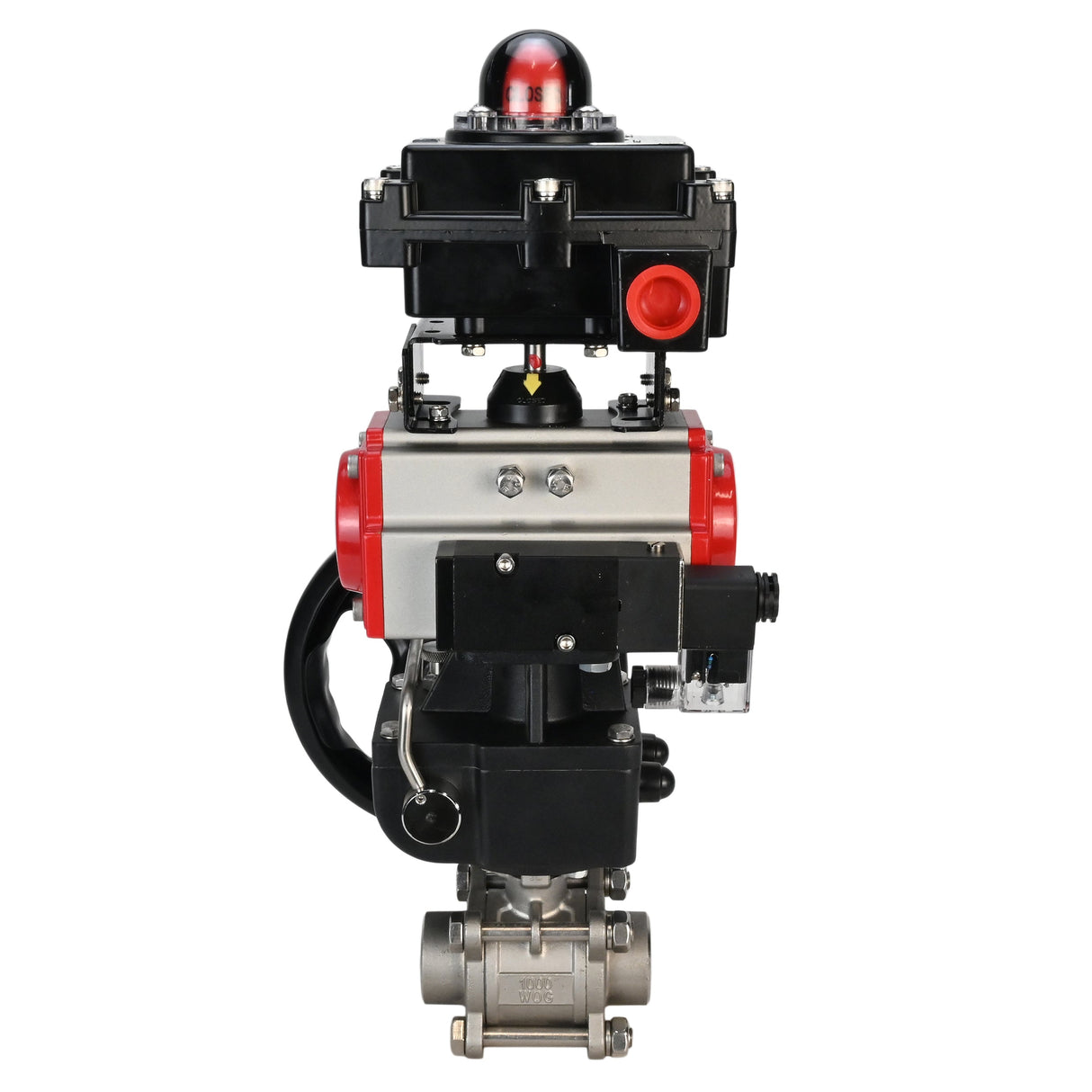 Stainless steel ball valve Elephant BVPP 316.200-ISO 63 bar SS316 full port, for welding, body material - stainless steel, pneumatic actuator Elephant DA, pneumatic distributor 4M310-08 220 V, limit switch block APL-410N EX, manual override HDM