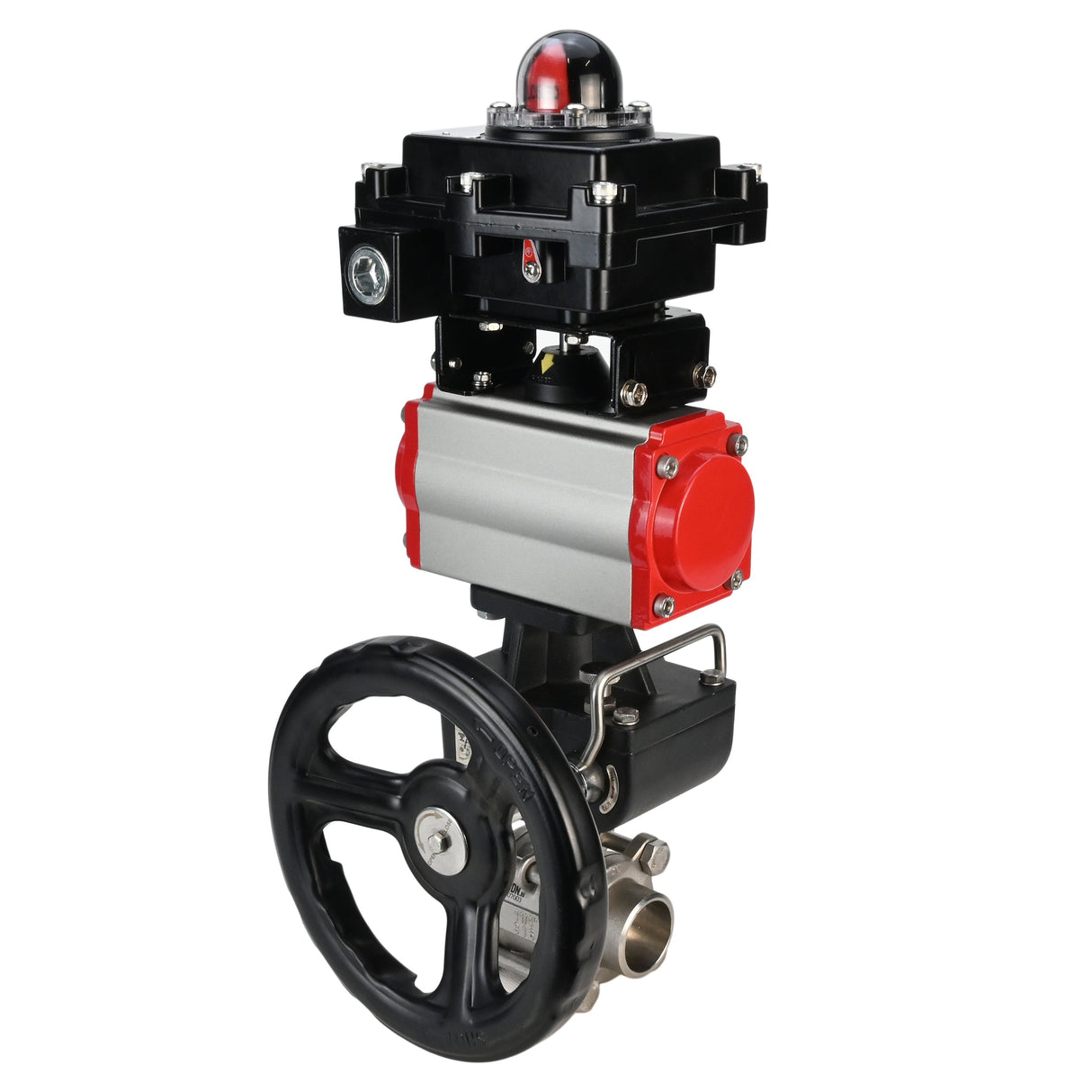 Stainless steel ball valve Elephant BVPP 316.200-ISO 63 bar SS316 full port, for welding, body material - stainless steel, pneumatic actuator Elephant DA, pneumatic distributor 4M310-08 220 V, limit switch block APL-410N EX, manual override HDM
