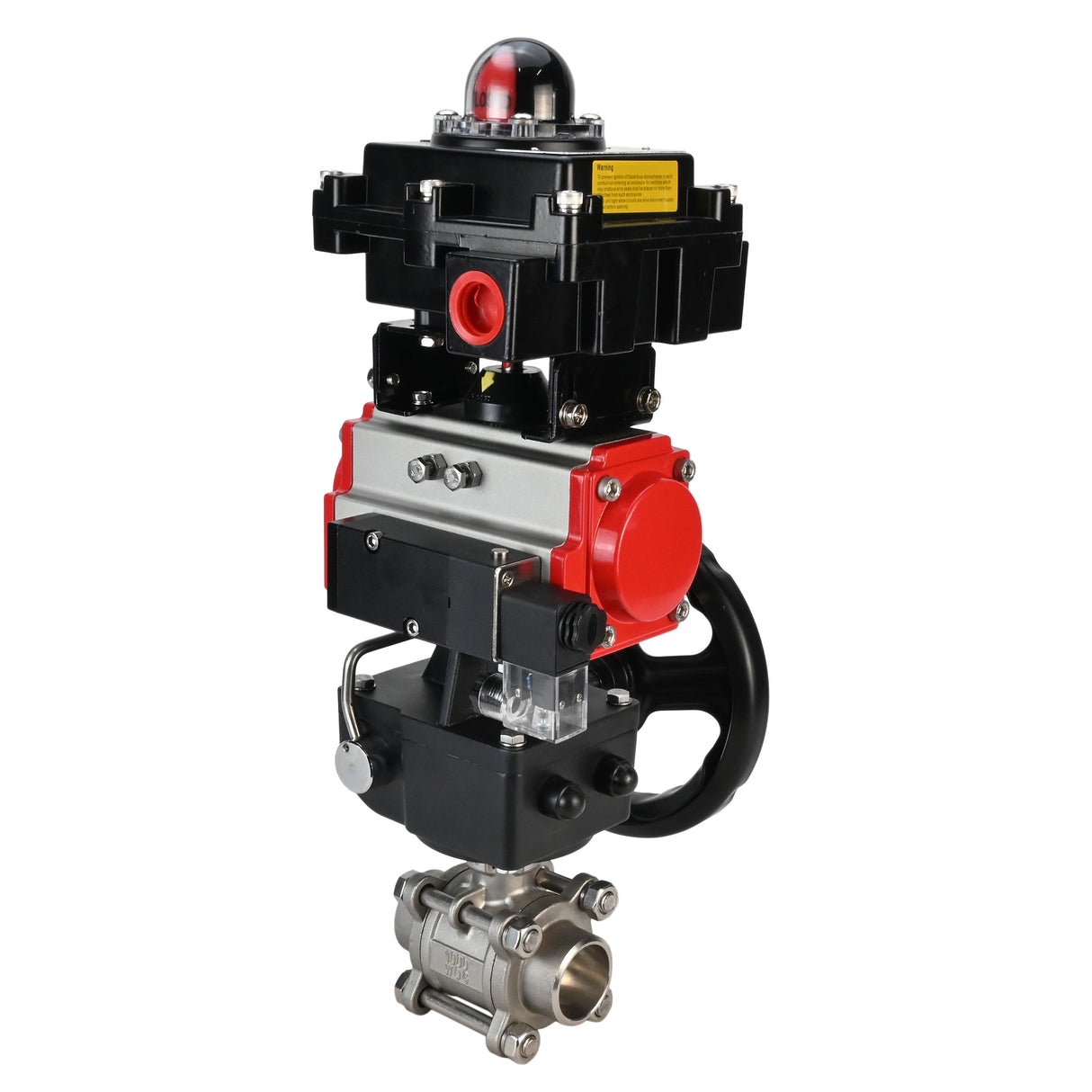 Stainless steel ball valve Elephant BVPP 316.200-ISO 63 bar SS316 full port, for welding, body material - stainless steel, pneumatic actuator Elephant DA, pneumatic distributor 4M310-08 220 V, limit switch block APL-410N EX, manual override HDM