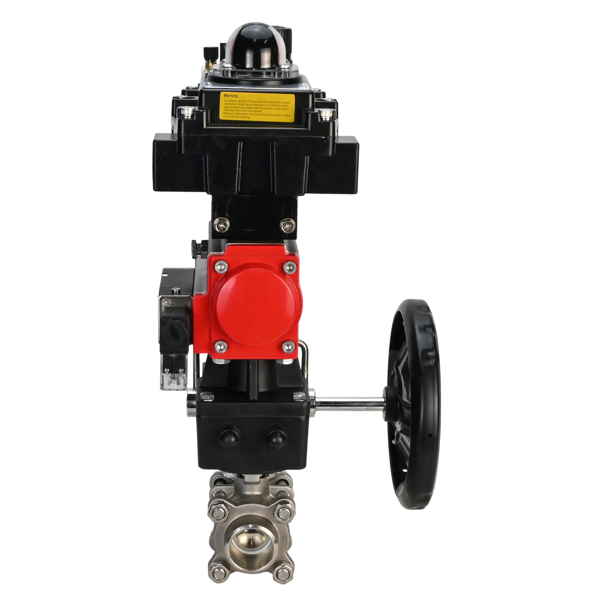 Stainless steel ball valve Elephant BVPP 316.200-ISO PSI914 SS316 full port, for welding, body material - stainless steel, pneumatic actuator Elephant DA, pneumatic distributor 4M310-08 220 V, limit switch block APL-410N EX, manual override HDM, air
