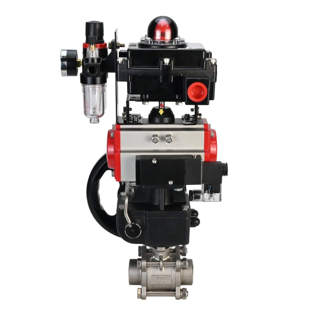 Stainless steel ball valve Elephant BVPP 316.200-ISO PSI914 SS316 full port, for welding, body material - stainless steel, pneumatic actuator Elephant DA, pneumatic distributor 4M310-08 220 V, limit switch block APL-410N EX, manual override HDM, air
