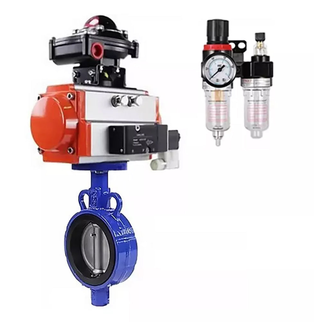 Vanne papillon d'eau Elephant WBV3432P-2W-Fb-H, matériau du corps - acier au carbone, matériau du disque - acier inoxydable AISI 316L, joint - PTFE, avec actionneur pneumatique avec ressorts de rappel PA-SA, 4V320-10 220V, BKV APL-510N-EX, BPV AFC2000