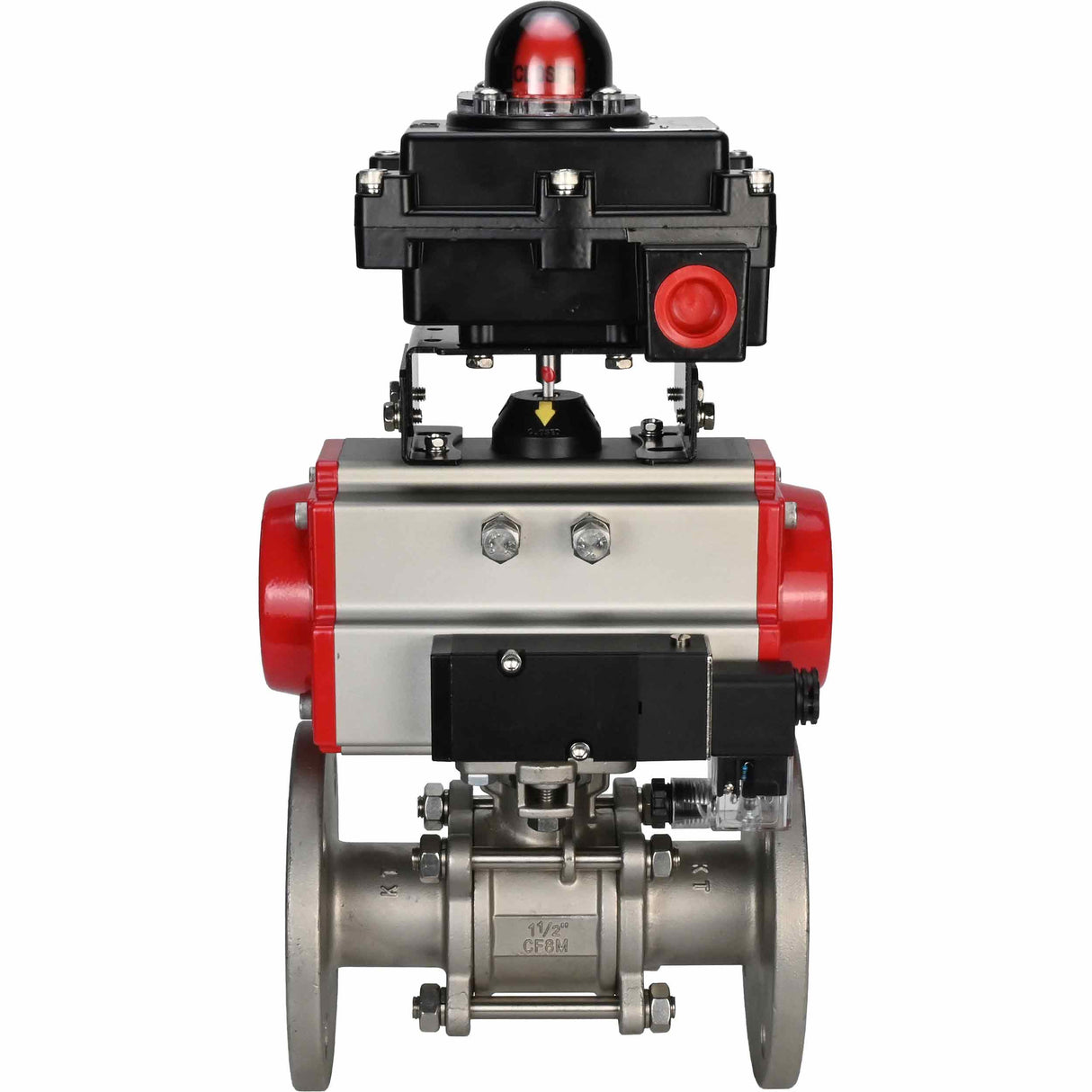 Stainless steel ball valve Elephant BVFPT-ISO.304.180 three-part, body material - stainless steel SS304, seal - PTFE, flanged, full port, pneumatic actuator Elephant DA, pneumatic distributor 4M310-08 220 V, limit switch block APL-410N EX