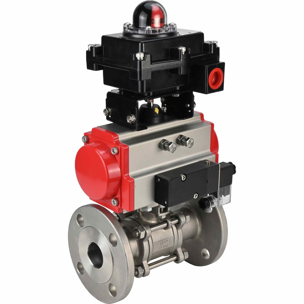 Stainless steel ball valve Elephant BVFPT-ISO.304.180 three-part, body material - stainless steel SS304, seal - PTFE, flanged, full port, pneumatic actuator Elephant DA, pneumatic distributor 4M310-08 220 V, limit switch block APL-410N EX