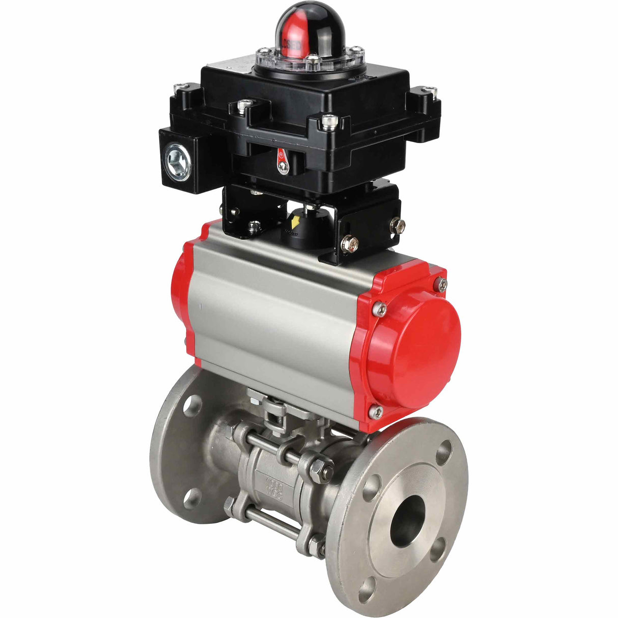Stainless steel ball valve Elephant BVFPT-ISO.304.180 three-part, body material - stainless steel SS304, seal - PTFE, flanged, full port, pneumatic actuator Elephant DA, pneumatic distributor 4M310-08 220 V, limit switch block APL-410N EX