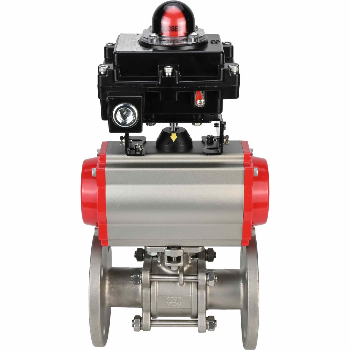 Stainless steel ball valve Elephant BVFPT-ISO.304.180 three-part, body material - stainless steel SS304, seal - PTFE, flanged, full port, pneumatic actuator Elephant DA, pneumatic distributor 4M310-08 220 V, limit switch block APL-410N EX