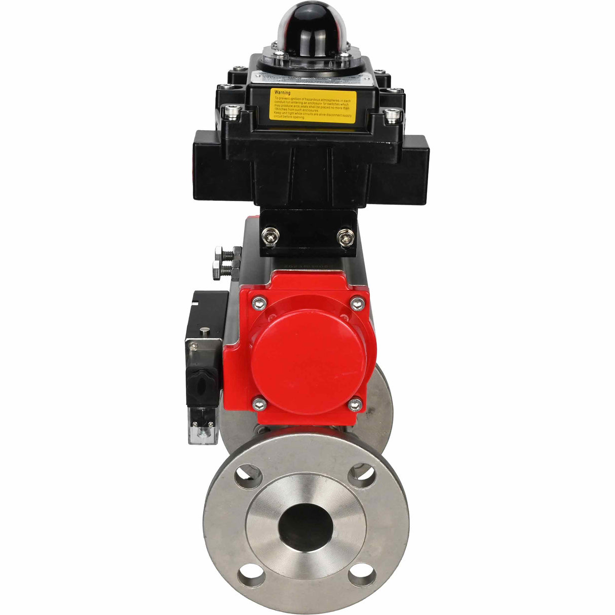 Stainless steel ball valve Elephant BVFPT-ISO.304.180 three-part, body material - stainless steel SS304, seal - PTFE, flanged, full port, pneumatic actuator Elephant DA, pneumatic distributor 4M310-08 220 V, limit switch block APL-410N EX