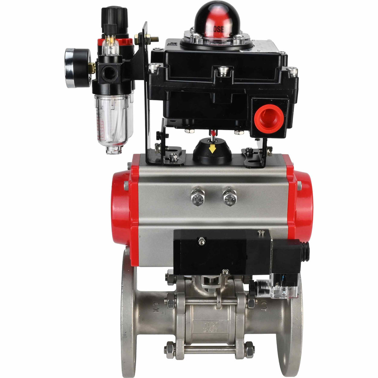Stainless steel ball valve Elephant BVFPT-ISO.304.180 three-part, body material - stainless steel SS304, seal - PTFE, flanged, full port, pneumatic actuator Elephant DA, pneumatic distributor 4M310-08 24 V, limit switch block APL-410N EX, air