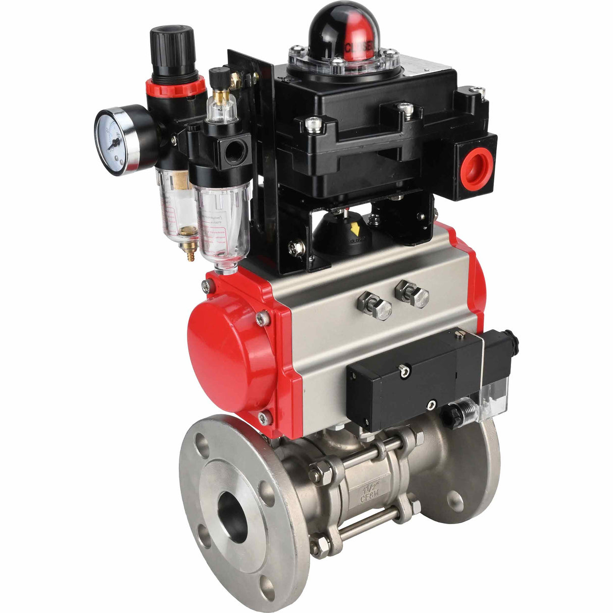 Stainless steel ball valve Elephant BVFPT-ISO.304.180 three-part, body material - stainless steel SS304, seal - PTFE, flanged, full port, pneumatic actuator Elephant DA, pneumatic distributor 4M310-08 24 V, limit switch block APL-410N EX, air