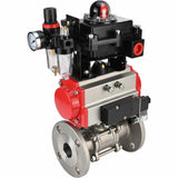 Stainless steel ball valve Elephant BVFPT-ISO.304.180 three-part, body material - stainless steel SS304, seal - PTFE, flanged, full port, pneumatic actuator Elephant DA, pneumatic distributor 4M310-08 24 V, limit switch block APL-410N EX, air