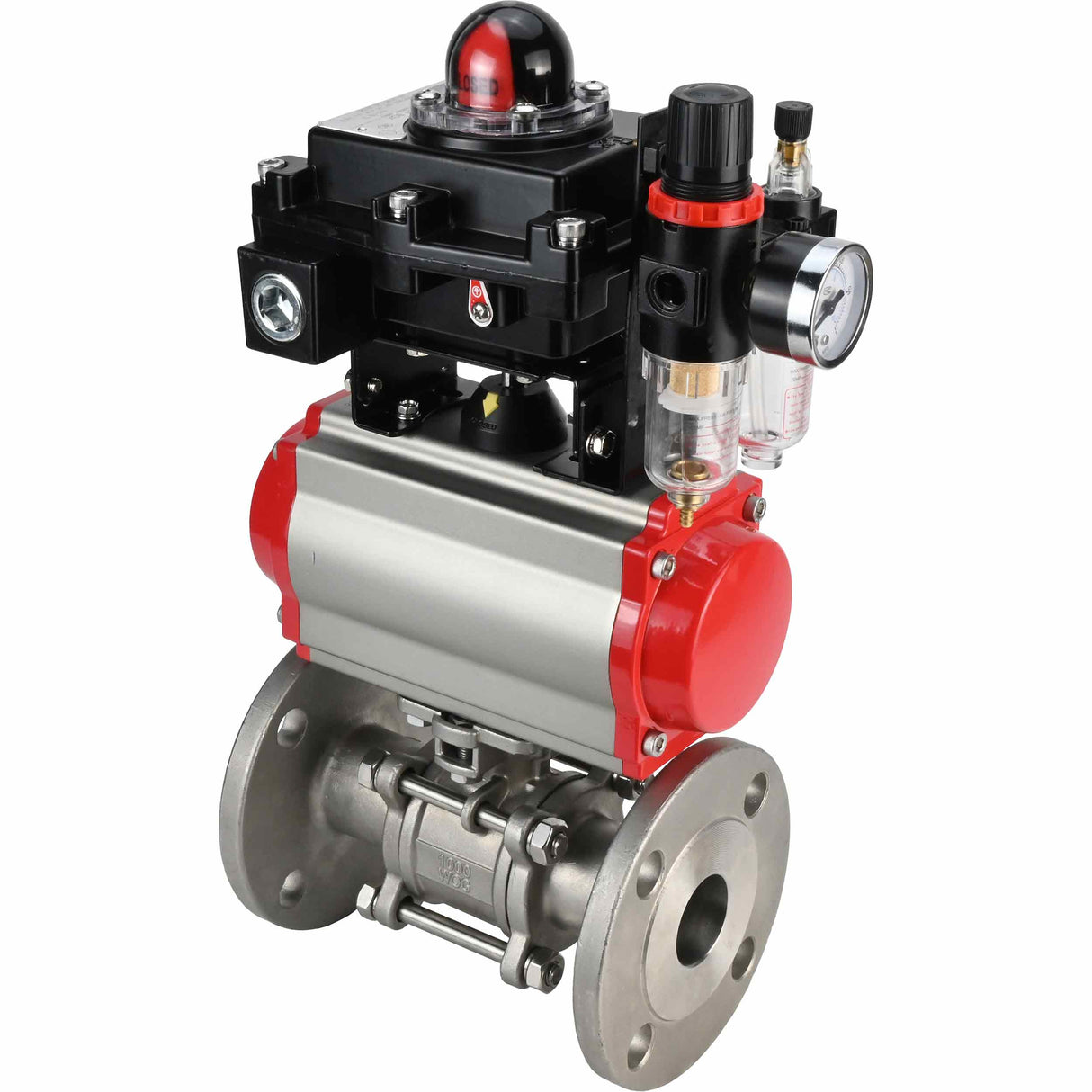 Stainless steel ball valve Elephant BVFPT-ISO.304.180 three-part, body material - stainless steel SS304, seal - PTFE, flanged, full port, pneumatic actuator Elephant DA, pneumatic distributor 4M310-08 24 V, limit switch block APL-410N EX, air