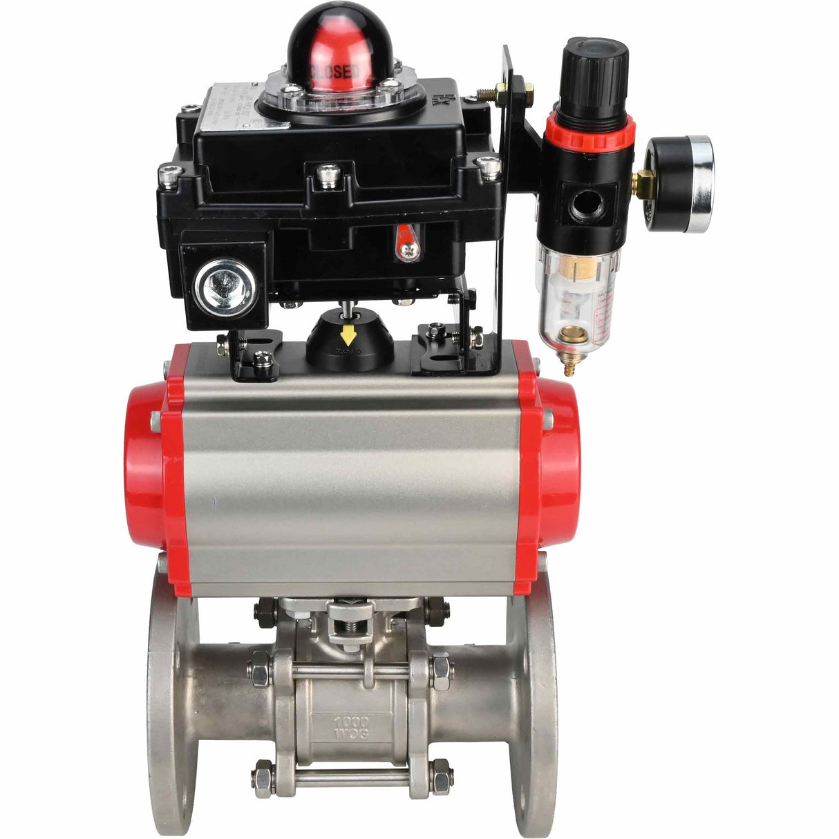 Stainless steel ball valve Elephant BVFPT-ISO.304.180 three-part, body material - stainless steel SS304, seal - PTFE, flanged, full port, pneumatic actuator Elephant DA, pneumatic distributor 4M310-08 24 V, limit switch block APL-410N EX, air