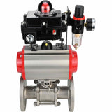Stainless steel ball valve Elephant BVFPT-ISO.304.180 three-part, body material - stainless steel SS304, seal - PTFE, flanged, full port, pneumatic actuator Elephant DA, pneumatic distributor 4M310-08 24 V, limit switch block APL-410N EX, air