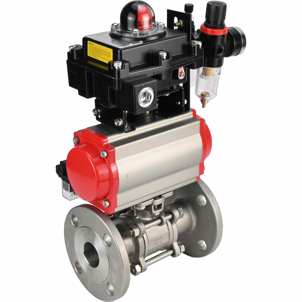 Stainless steel ball valve Elephant BVFPT-ISO.304.180 three-part, body material - stainless steel SS304, seal - PTFE, flanged, full port, pneumatic actuator Elephant DA, pneumatic distributor 4M310-08 24 V, limit switch block APL-410N EX, air