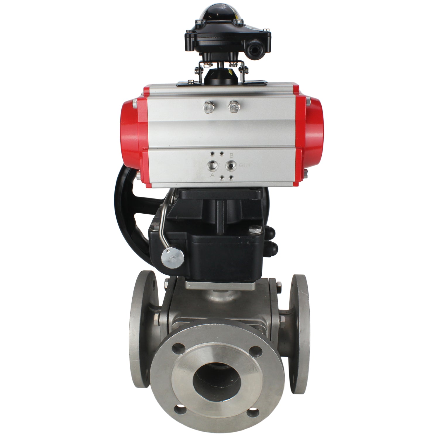 Ball valves Elephant BV3232P(4pc)-FP-3WL-F-ISO-H 16 bar full bore, flanged, body - stainless steel SS316, ISO flange F03/F04-F10/F12, square 9x9-19x19, with pneumatic drive PA-DA double action, LSU APL-210N and manual Doubler MON3-700-T38